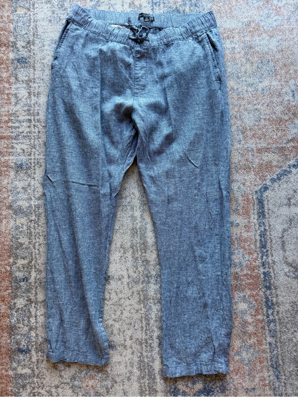 Lightweight Linen Blend Drawstring Pants - Blue